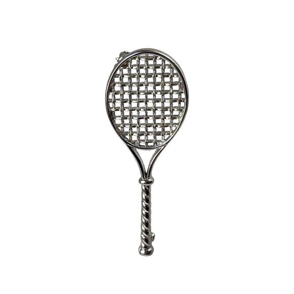 1970s Monet Textured Silver Tone Metal Tennis Racket Sport Lover Gift Pin Brooch - Picture 1 of 4